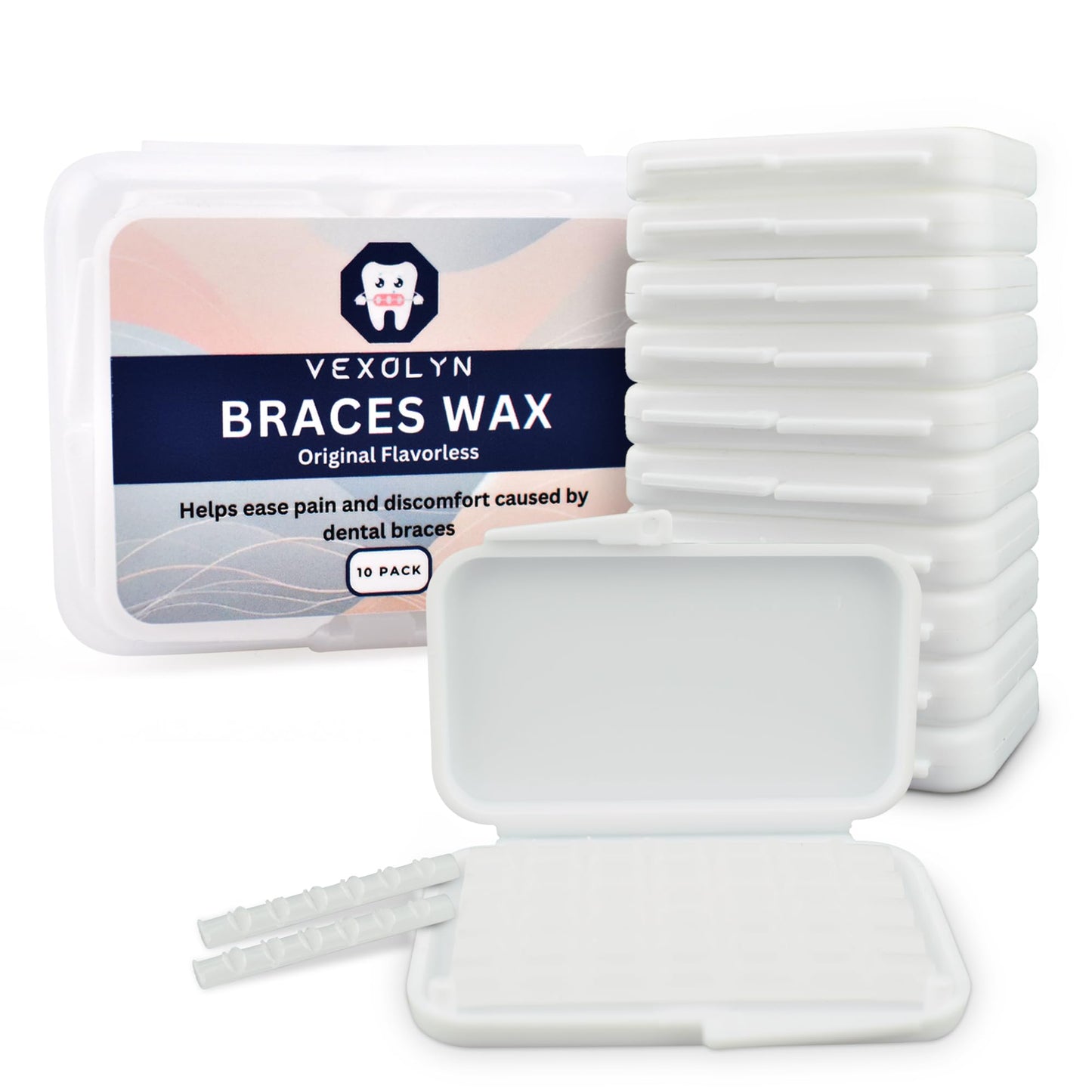 Braces Wax, 10 Pack (50 Precut Orthodontic Wax Strips). Clear and Flavorless - Dental Wax for Braces. Compact White Travel Storage Cases. Easy to Apply ortho brace wax. Food Grade. Vexolyn