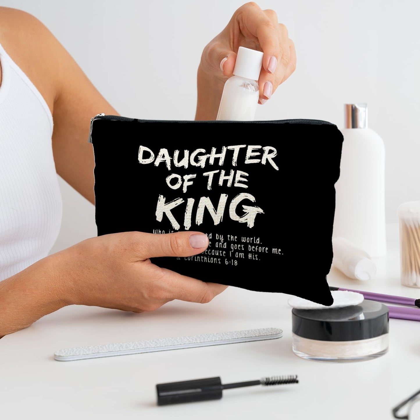 Likjad bible verse makeup bag，Daughter of the king makeup bag，christian makeup bag Cosmetic Bag，inspirational gifts for women，christian gifts for women faith，christian gifts for girls(black)