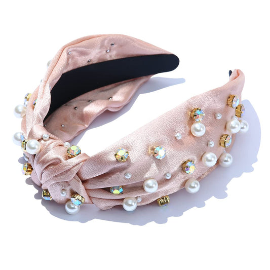 FEDANS Satin Headbands for Women Knotted Rhinestone Crystal Headband Pearl Jeweled Champagne Hairband Ladies Hair Accessories