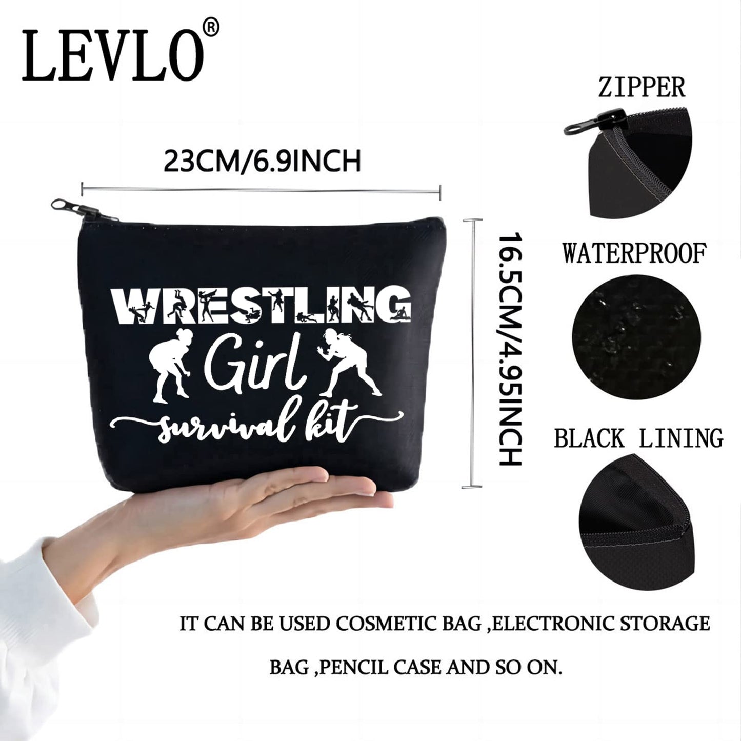 LEVLO Wrestling Girl Cosmetic Make Up Bag Wrestler Gift Wrestling Girl Survival Kit Makeup Zipper Pouch Bag For Women Girls (Wrestling Girl Black)