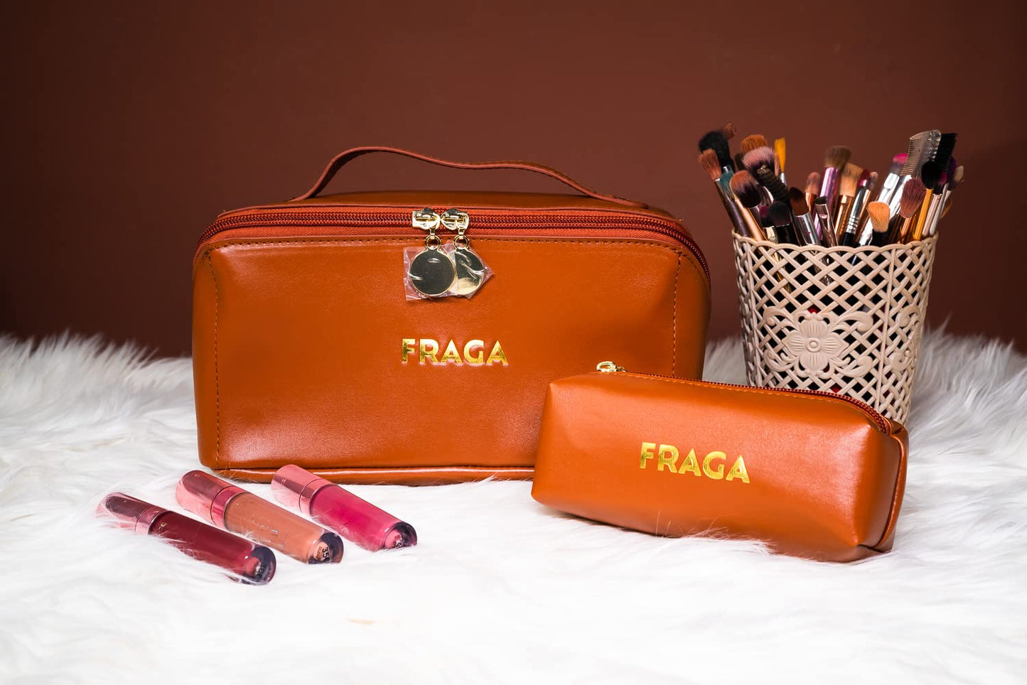 FRAGA 2 in 1 New Model Makeup Bag, Waterproof Cosmetic Bag, with Large Capacity, Skin Care Organizer for Travel, Easy to Clean (Brown)