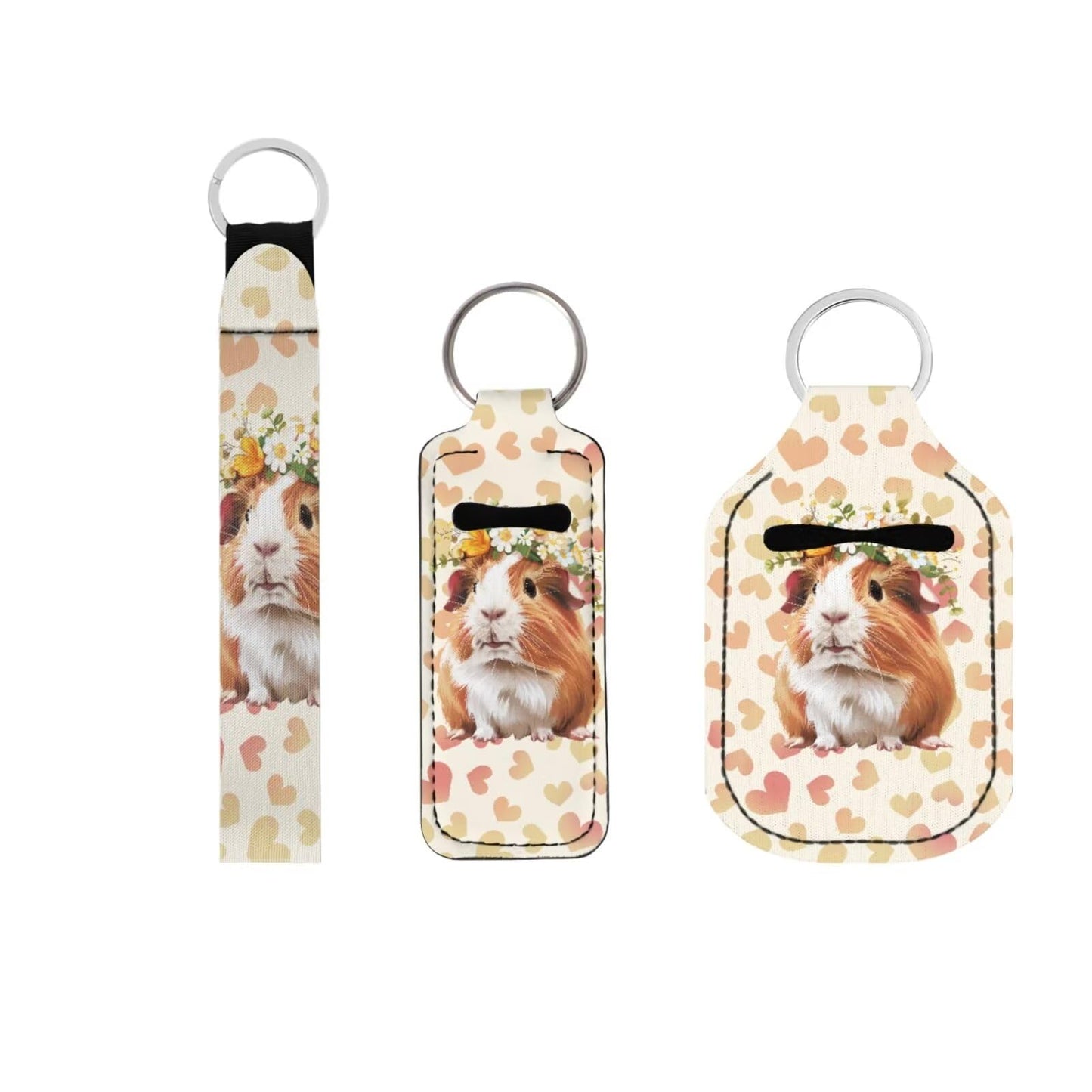 Suobstales Guinea Pig Heart Print Travel Keychain Holders Kits, Travel Bottle Chapstick Lanyard Keychain Holders Set Neoprene Balm Holders Pouch Makeup Storage Organizer, Set of 3