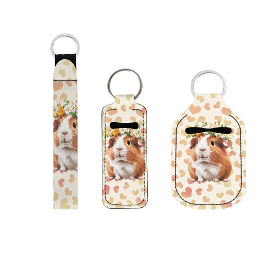 Suobstales Guinea Pig Heart Print Travel Keychain Holders Kits, Travel Bottle Chapstick Lanyard Keychain Holders Set Neoprene Balm Holders Pouch Makeup Storage Organizer, Set of 3