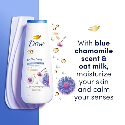 Dove Body Wash Anti-Stress Blue Chamomile & Oat Milk 4 Count for Renewed, Healthy-Looking Skin Moisturizing Gentle Skin Cleanser with 24hr Renewing MicroMoisture 20 oz