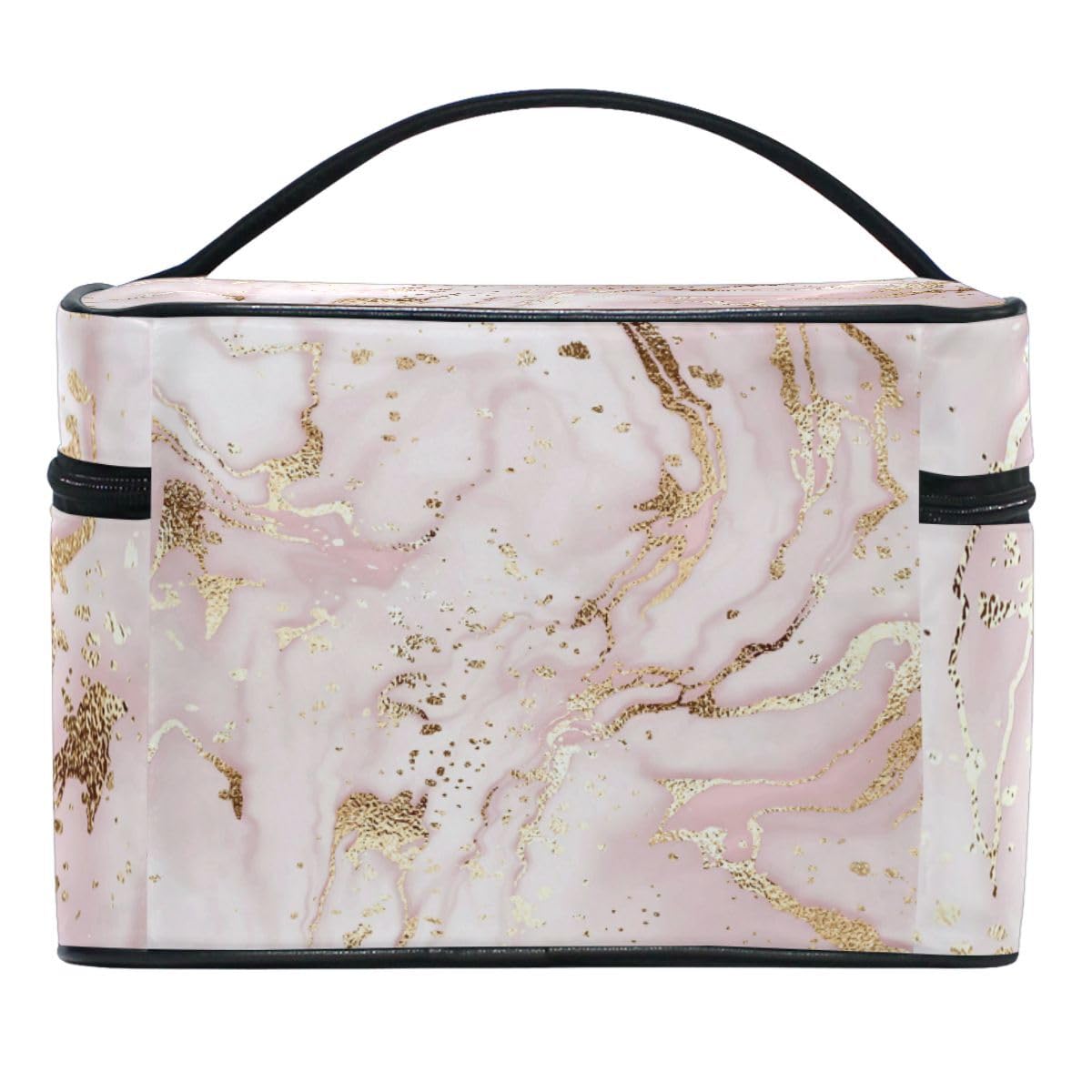 ZOEO Makeup Train Case Pink Marble Gilding Korean Carrying Portable Zip Travel Cosmetic Brush Bag Organizer Large for Girls Women