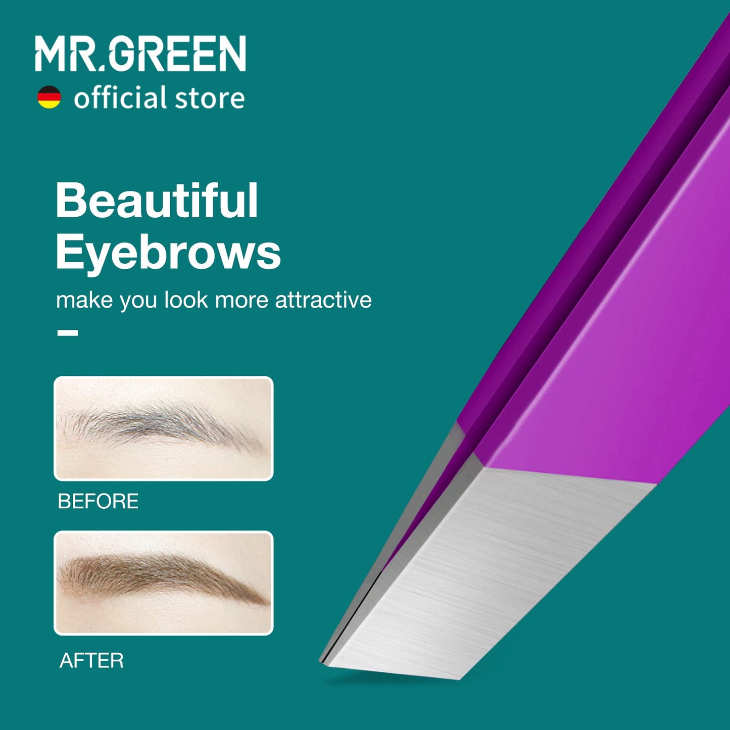 MR.GREEN Eyebrows Tweezers Colorful Beauty Fine Hairs Puller Makeup Tools Stainless Steel Slanted Eye Brow Clips Removal (Purple)