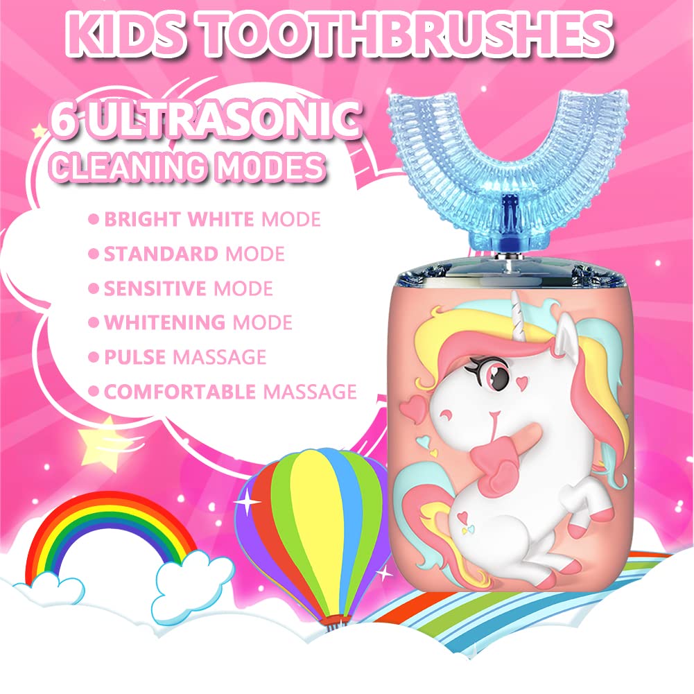 Kids Electric Toothbrush U Shaped Ultrasonic Automatic Brush with 2 Brush Head 6 Sonic Clean Modes IPX7 Waterproof Design Whole Mouth Rechargeable Smart Timer Toothbrushes for Children 2-6 Year (Pink)