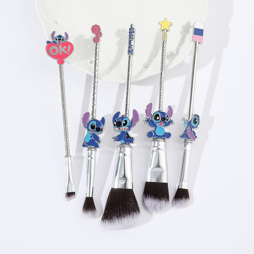 Adorable Stitch Theme Makeup Brushes Set - Cartoon Design with 5 Essential Brushes - Complete with Blue Makeup Brush Bag