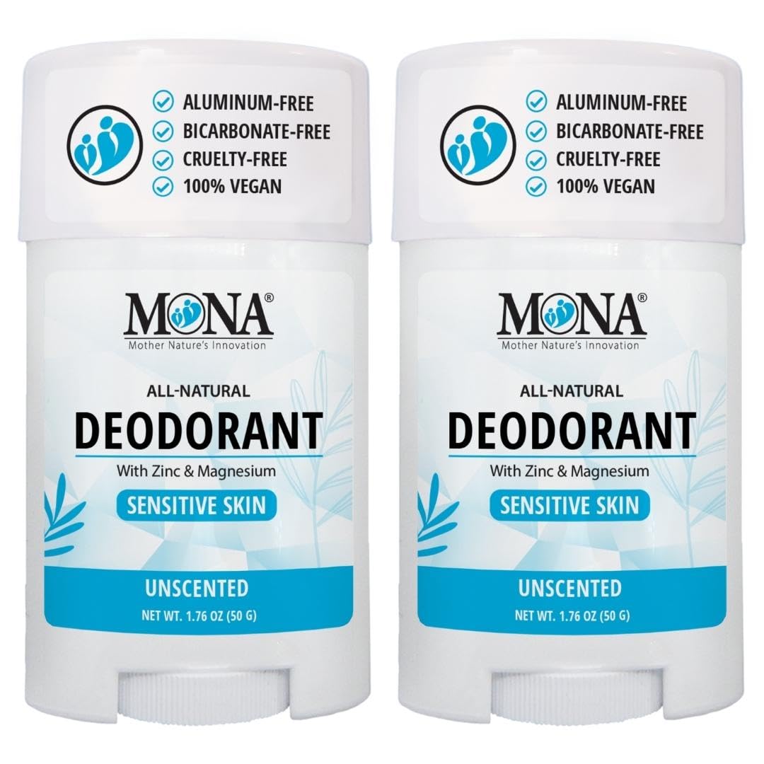 MONA BRANDS All Natural Deodorant For Women & Men | For Sensitive Skin | No Aluminum or Baking Soda | (2-Pack UNSCENTED 1.76 Oz each)