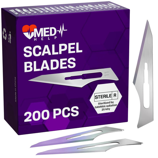 MedHelp Pack of 200 Disposable Surgical Blades 11, Size 11 Scalpel Blades for Surgical Scalpel, High Carbon Steel Dermablade Blades. Individually Wrapped 11 Blade, Sterile