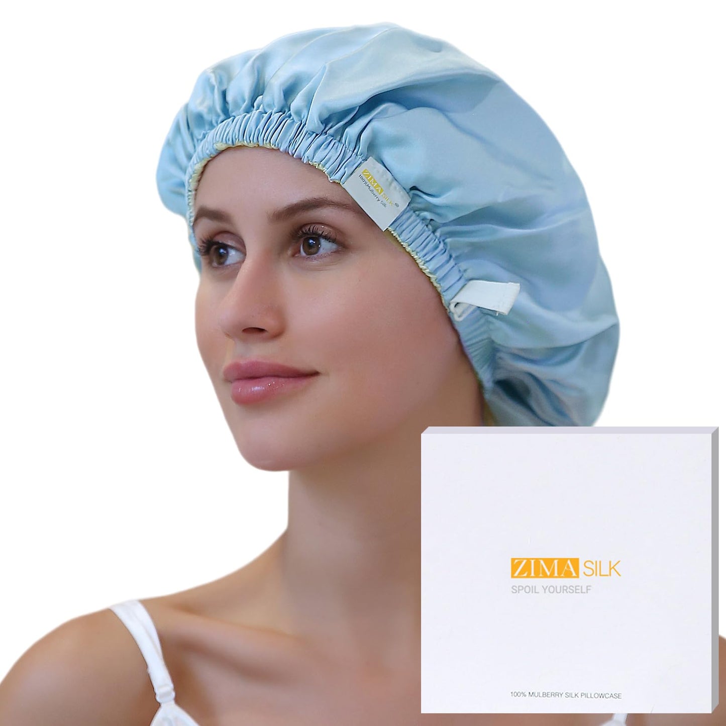 ZIMASILK 100% Mulberry Silk Bonnet for Sleeping Women Long Hair Double Layer Silk Hair Wrap with Adjustable Band Natural Silk Bonnet for Hair Care Stay On Head (1Pc, Light Blue)