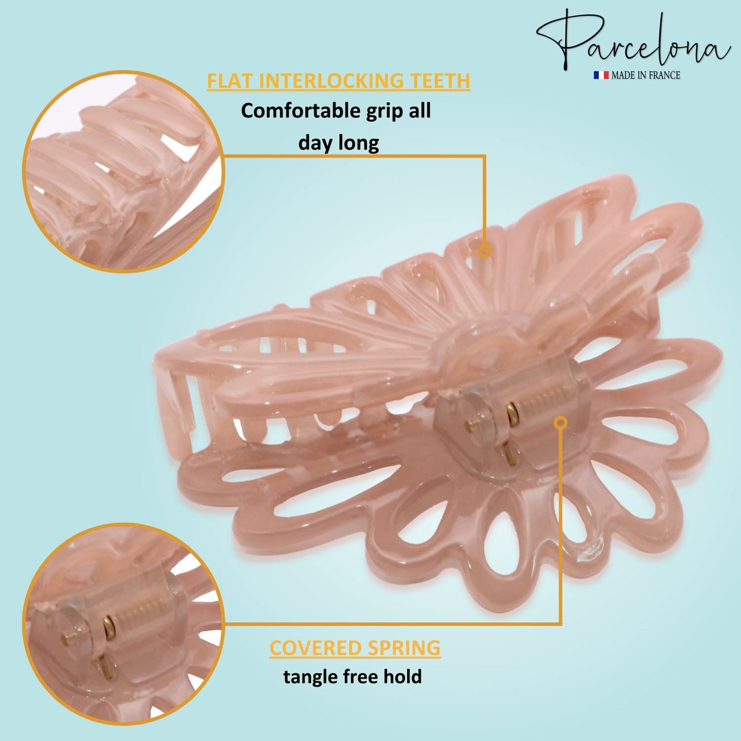 Parcelona French Plume 3" Celluloid No Slip Grip French Covered Spring Jaw Hair Claw Durable Styling Hair Accessories Women Strong Hold Girls Hair Claw Clips, Made in France (Blush Pink)