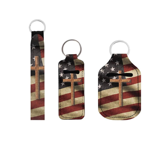 Suobstales Cross American Flag Print Chapstick Holder 1 Keychain Wristlet Lanyards 1 Mini Bottle Keychain Holder, Neoprene Travel Bottle Keychain Holders Set of 3