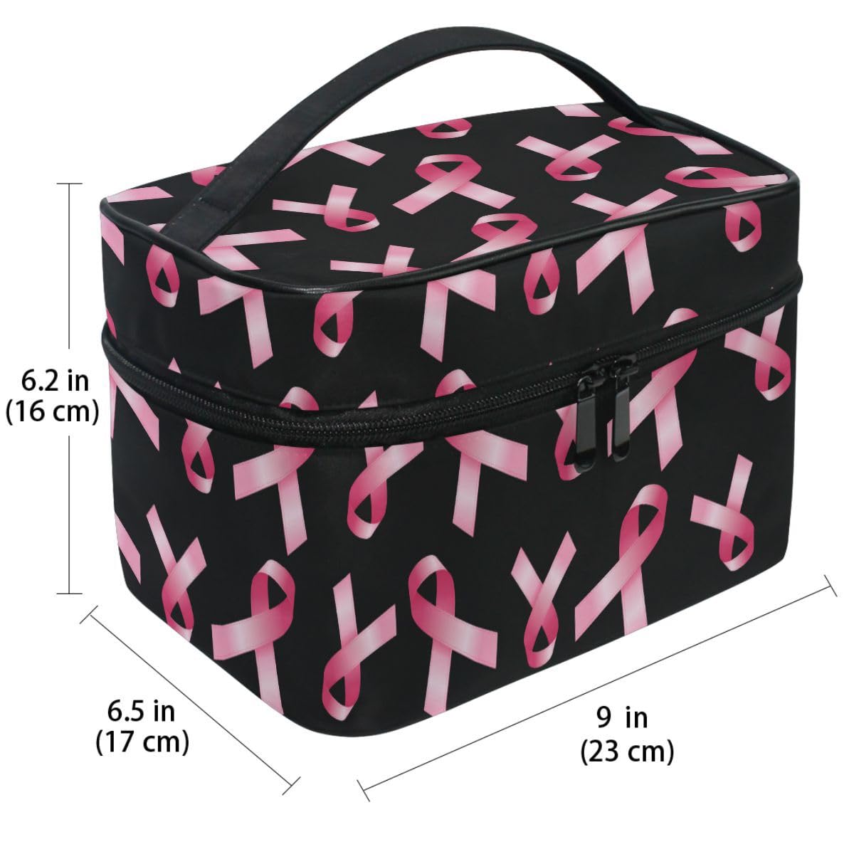 ZOEO Makeup Train Case Breast Cancer Awareness Pink Ribbon Korean Carrying Portable Zip Travel Cosmetic Brush Bag Organizer Large for Girls Women