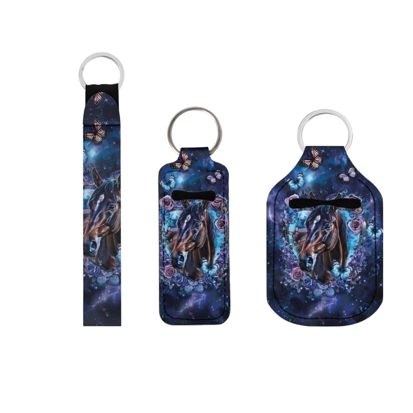 Suobstales Horse Butterfly Flower Print Chapstick Holder 1 Keychain Wristlet Lanyards 1 Mini Bottle Keychain Holder, Neoprene Travel Bottle Keychain Holders Set of 3