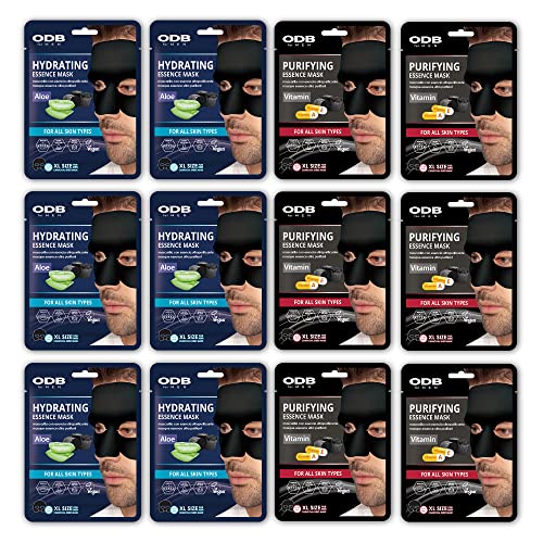 ODB for MEN Charcoal Essence Sheet Mask 12 PK Hydrating Aloe & Purifying Vitamin Mens Skin Care Sheet Masks for Face Mens Skin Care Kit bulk face masks skincare (Assort #2 (12pk) - for Beard Men)