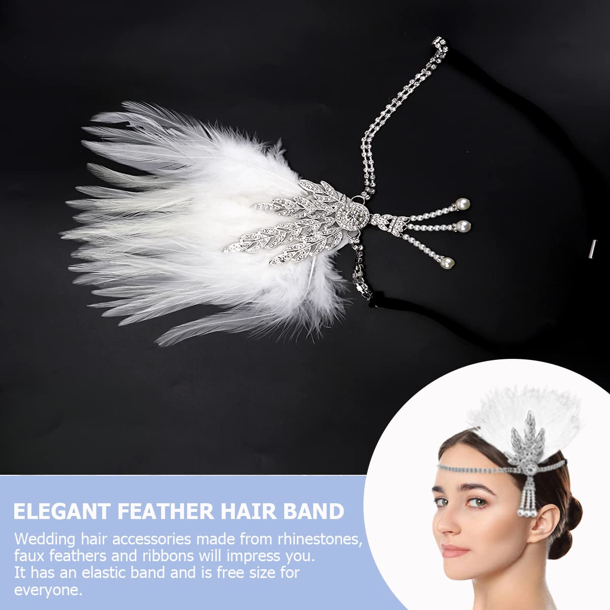 FERCAISH 1920s Flapper Headband, Roaring 20s White Feather Crystal Headband Bachelor Party Feather Headband, Great Hair Accessories for Women (White)