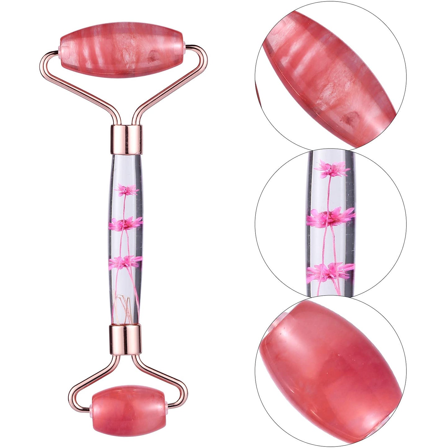 Rockcloud Crystal Stone Jade Roller Massager for Face Eye Neck Facial Skin Care Tool Anti-Aging for Slimming & Firming, Cherry Quartz