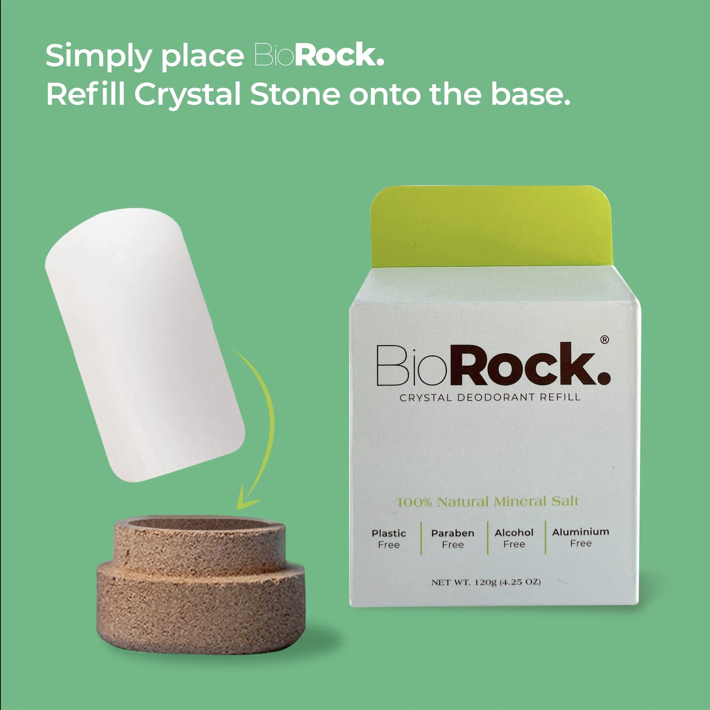 Biorock Crystal Natural Deodorant Refill - Unscented Plastic & Aluminum Free Salt Stick Deodorant for Women & Men Eco-Friendly, Sustainable, Zero Waste 4.25 oz