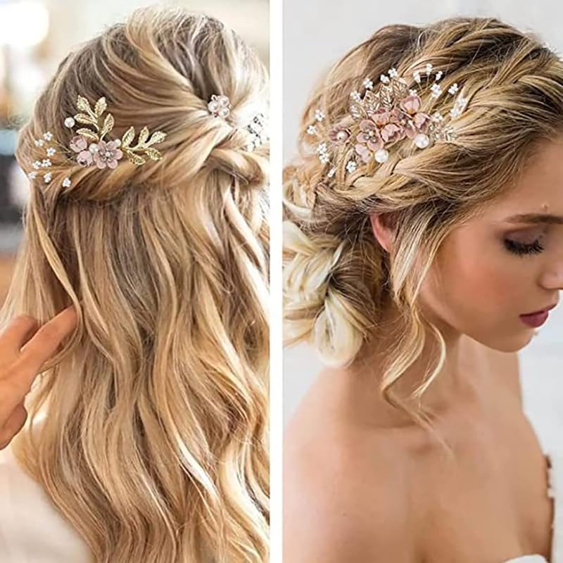 6 Pieces Pink Flowers Bride Wedding Hair Side Comb + U-Shaped Floral Hairpin Formal Ball Headwear Accessories Bride Bridesmaid Ladies Girls