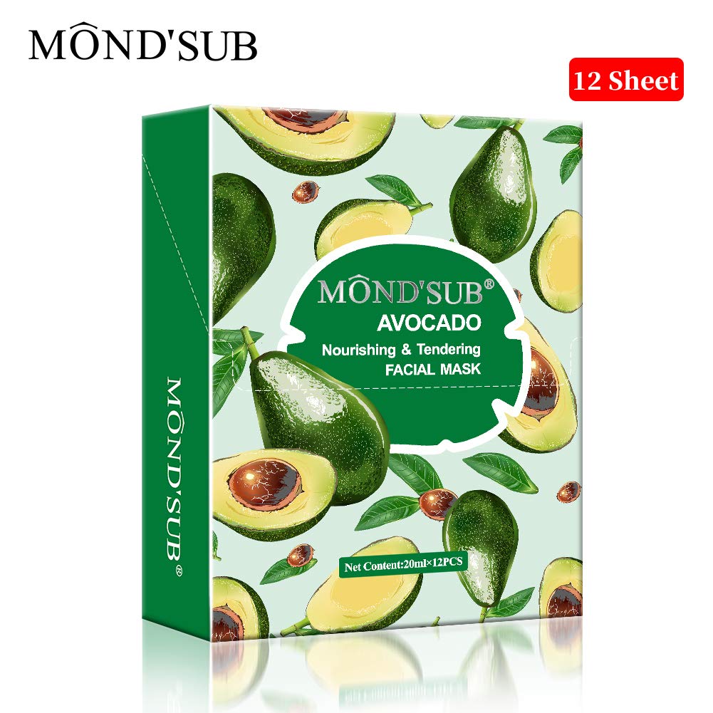 MOND'SUB [12 P] Avocado Oil Facial Masks-Best Sheet Mask For Dry Skin-Deeply Nourishing&Moisturizing- Make Skin Soft&Clear-Every Skin Condition Day to Day Skin Concerns-Both Men&Women