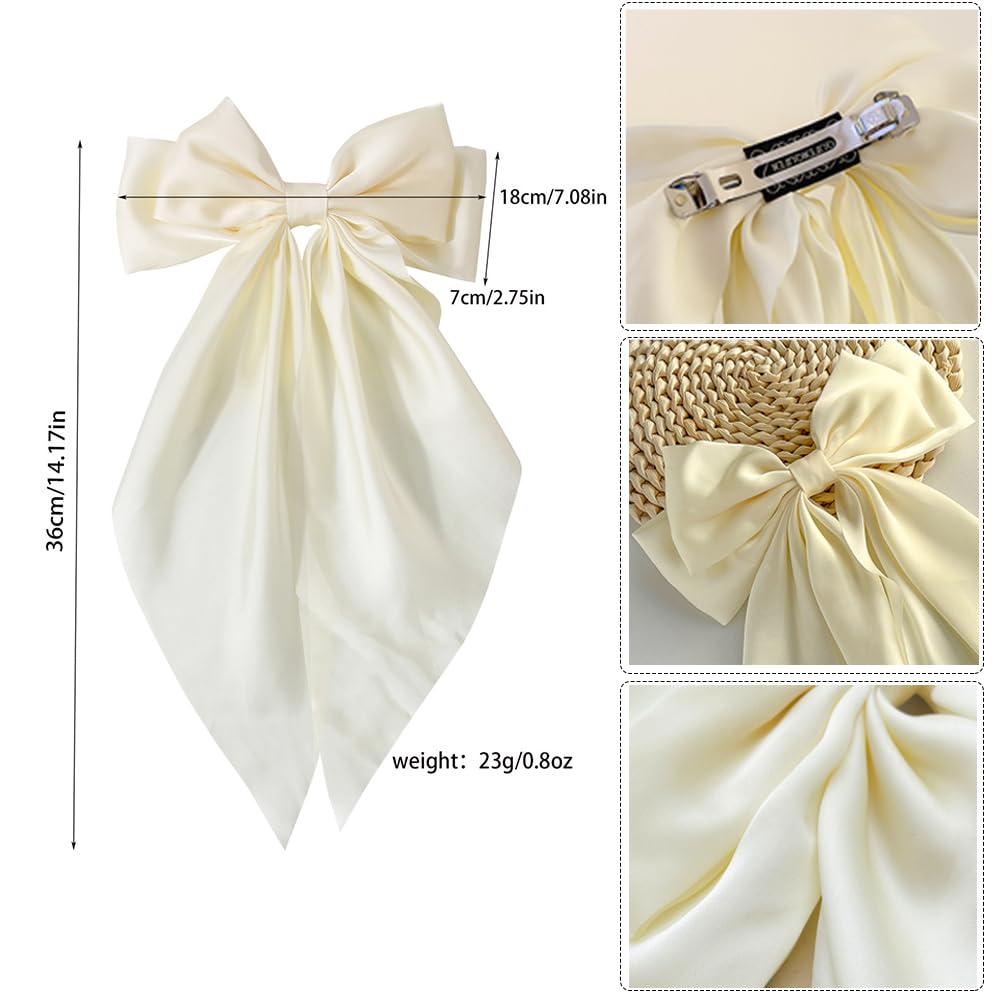 Bow Clips for Women, ELKINROVIC Mini Bow Clips Long Soft Small Coquette Bows Ribbon Bowknot Hair Bows for Girls Adult Kids Black&Beige(4Packs)