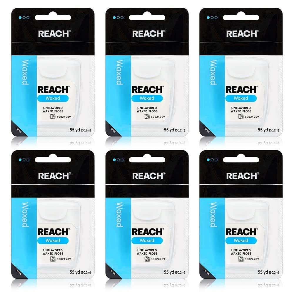 REACH Waxed Dental Floss 6 Pack Bundle, Unflavored, Plaque Remover, Shred Resistant, Extra Wide Cleaning, Gentle on Gums & Teeth, PFAS-Free, Oral Care, for Adults & Kids, 55yd