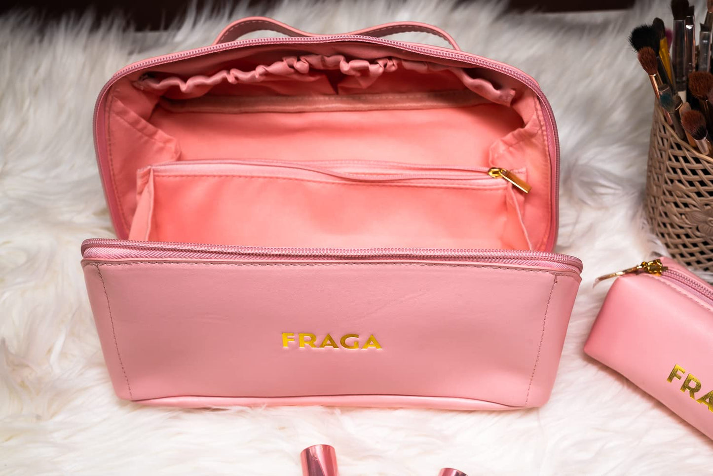 FRAGA 2 in 1 New Model Makeup Bag, Waterproof Cosmetic Bag, with Large Capacity, Skin Care Organizer for Travel, Easy to Clean (Pink)