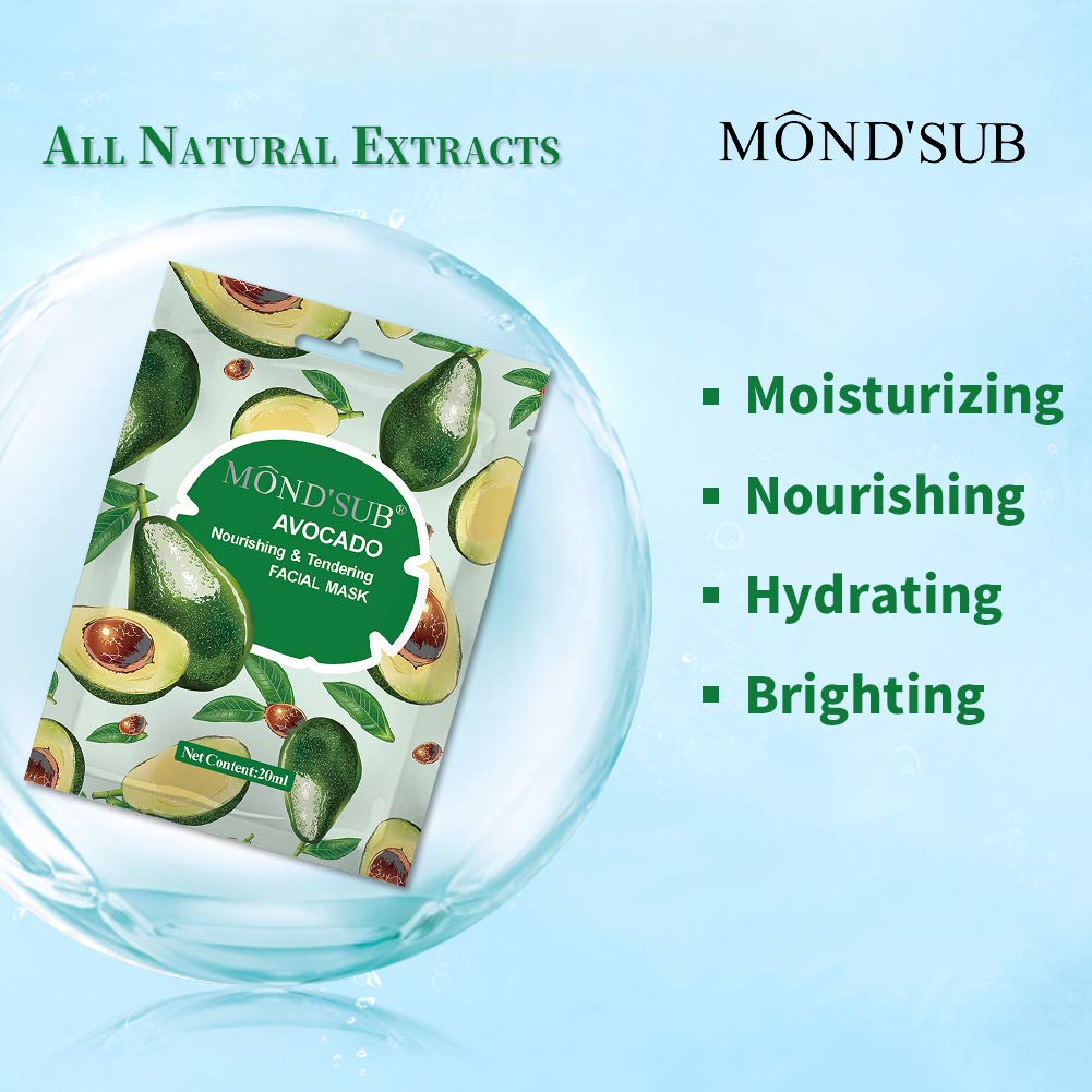 MOND'SUB [12 P] Avocado Oil Facial Masks-Best Sheet Mask For Dry Skin-Deeply Nourishing&Moisturizing- Make Skin Soft&Clear-Every Skin Condition Day to Day Skin Concerns-Both Men&Women