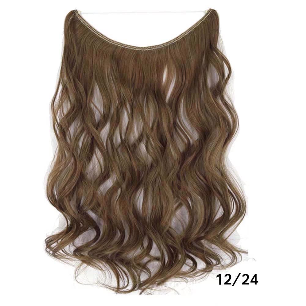 iLUU Hair Extensions Natural Synthetic Hair 18inch 80g Long Thick Wavy Hairpieces #12/24 Light Golden Brown and Golden Blonde Piano Color Invisible Fish Line Wire Curly Hair Extensions for Women