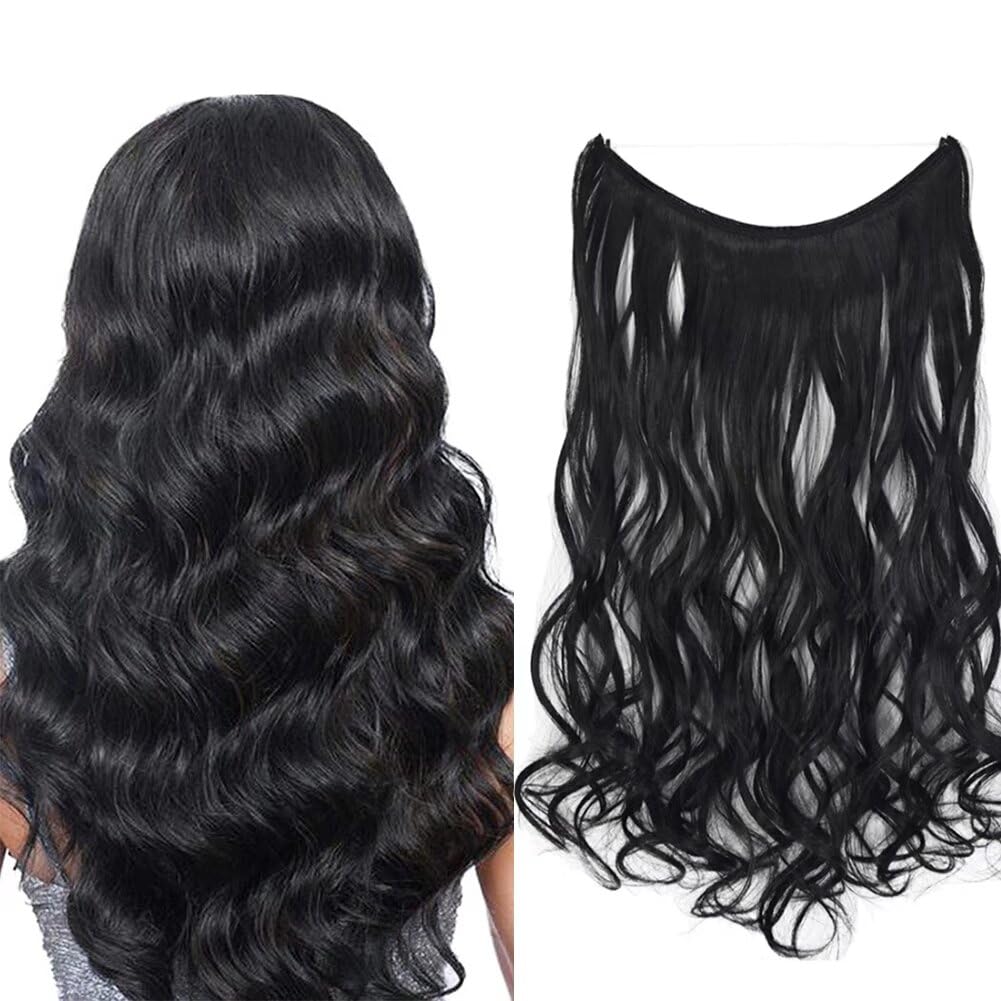 iLUU Party Wig Curly Wavy Seceret Wire Synthetic Hair Extensions Heat Resistant Fiber Hair 18" 80g Thick Invisible String Hairpiece Hidden Wire Fish Line Hair Extensions for Women (#1, Black)