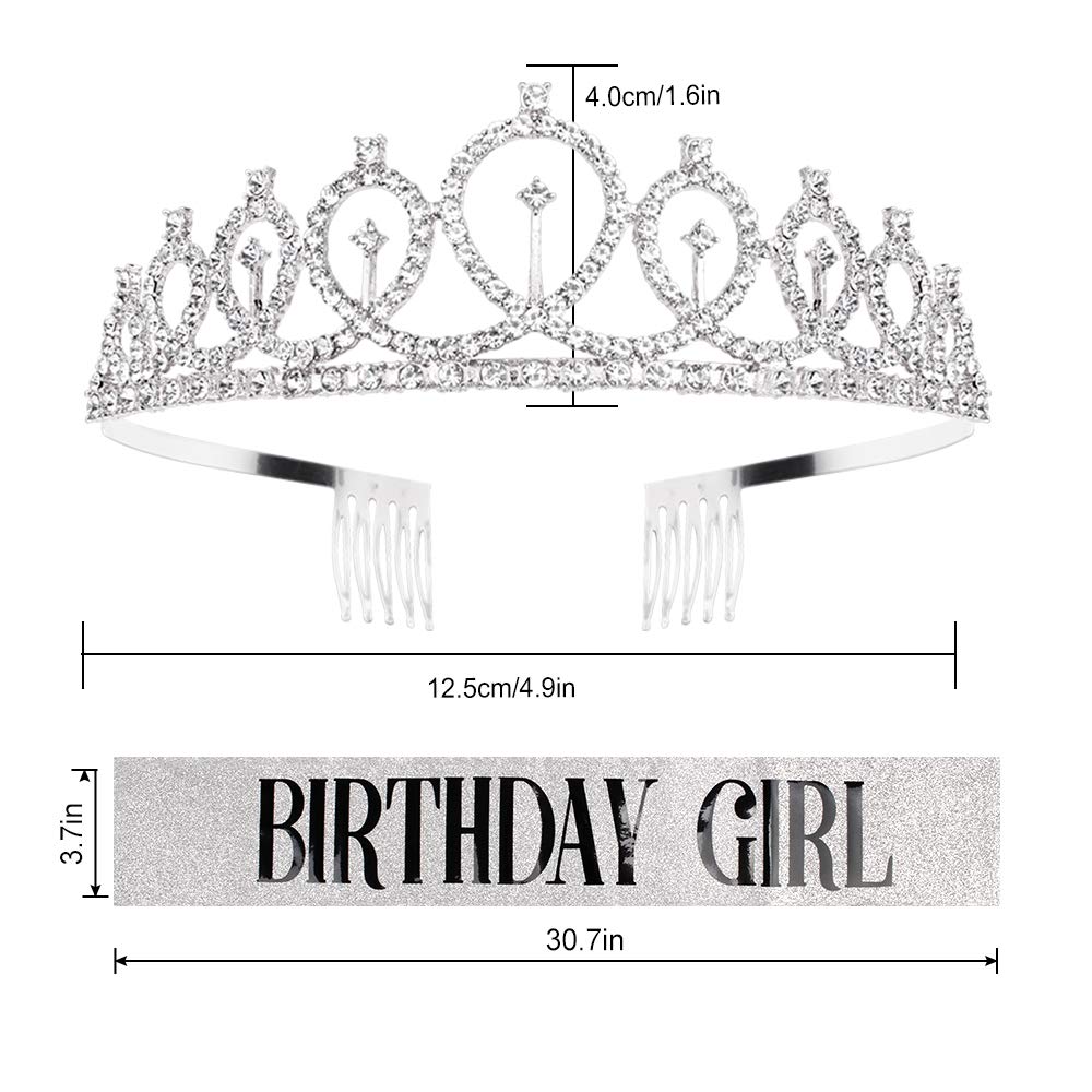 Birthday Crown, Didder Sliver Birthday Girl Sash & Rhinestone Tiara Set, Birthday Tiara Birthday Crowns for Women Birthday Sash and Tiaras for Women Girls Birthday Gifts Party Accessories