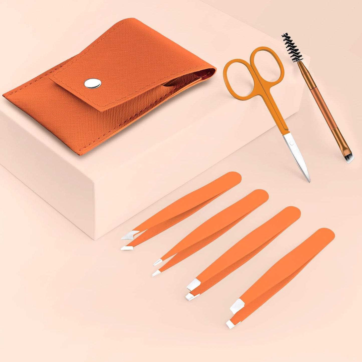 6 Pcs Tweezer Set, Tweezers Set for Women, Precision Tweezer for Eyebrows with Curved Scissors, Eyebrow Grooming Kit for Ingrown Hair with Leather Case, Orange