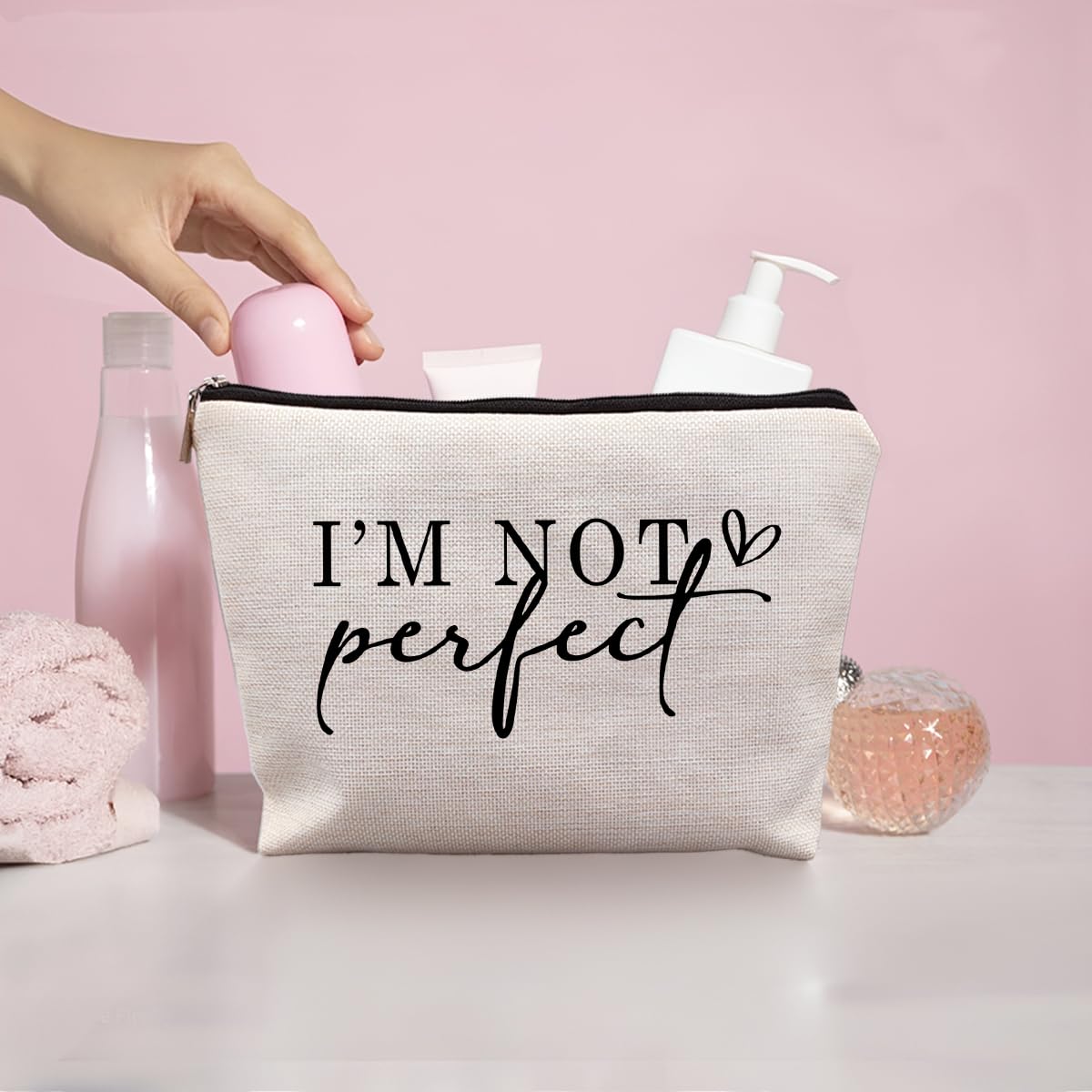 uinwk I'm Not Perfect I'm Limited Edition Canvas Makeup Bag, Inspirational Positive Gifts for Women Cosmetic Bag, Mental Health Gifts