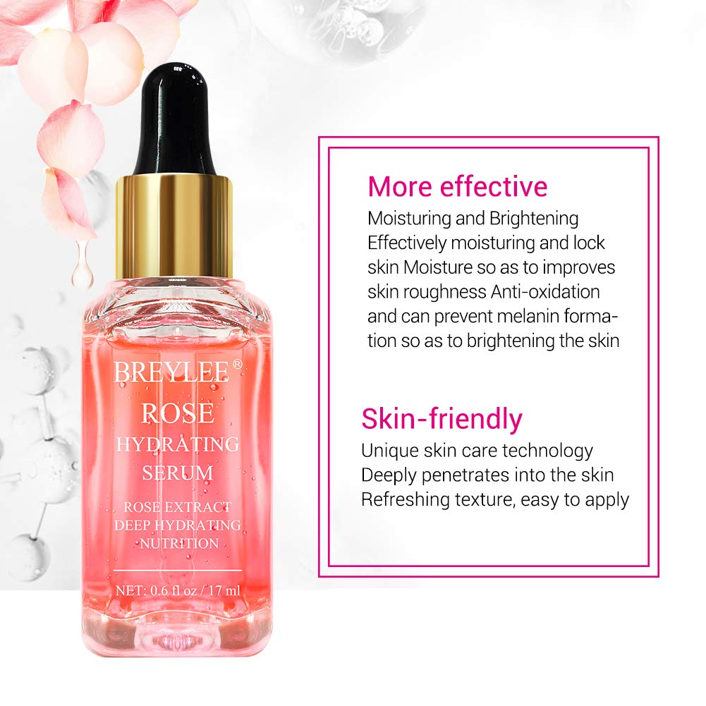 BREYLEE Rose Face Serum, Hydrating Serum Moisturizing Serum Face Serum Hydrating with Hyaluronic Acid Alcohol Free Facial Serum for Skin Care(17ml,0.6fl oz)