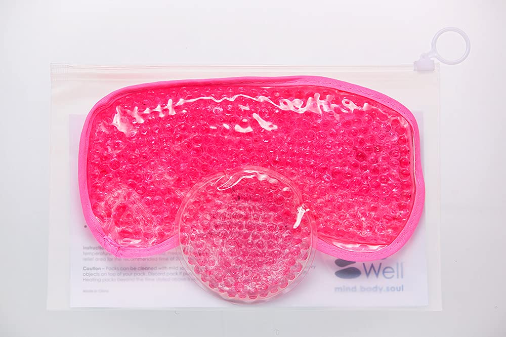 HOT +Cold Aqua Pearls Plush Eye Mask with Soft Plush Backing and Fully Adjustable Strap, Bonus Mini Round pad-2PACKS(Pink, Eye Mask+ Mini Round Pad)