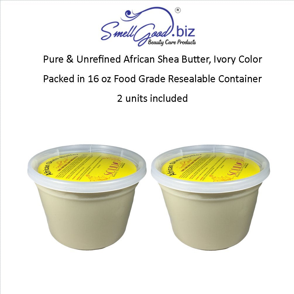 SmellGood - Pure Unrefined African Shea Butter, natural and handmade, ivory color, packed in 16 oz food grade resealable container, 2 Units included