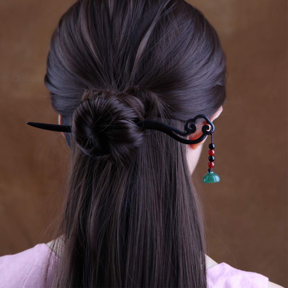 TOP SEWING Chinese Jade Retro Handmade Wooden Hairpin Classical Green Lotus Hair Sticks Headdress Tassel Hair Chopstiks for Long Hair Party Daily