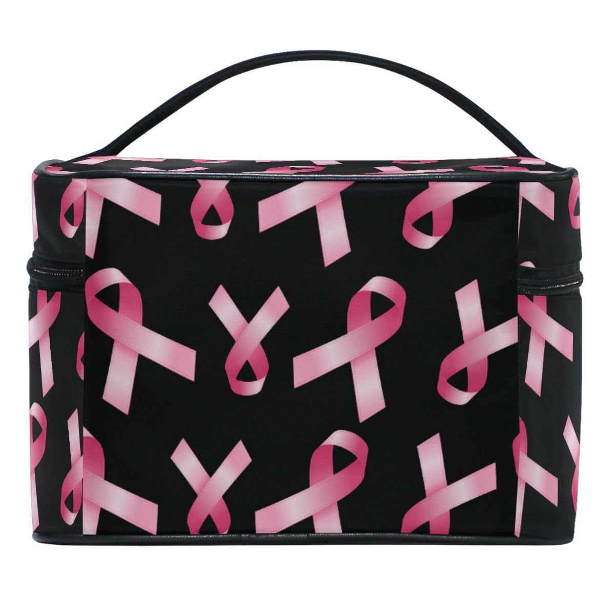 ZOEO Makeup Train Case Breast Cancer Awareness Pink Ribbon Korean Carrying Portable Zip Travel Cosmetic Brush Bag Organizer Large for Girls Women