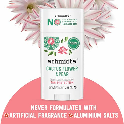 Schmidt's Aluminum-Free Vegan Deodorant Cactus Flower & Pear with 24-Hour Odor Protection, 2 Count for Women and Men, Natural Ingredients, Cruelty-Free, 2.65 oz