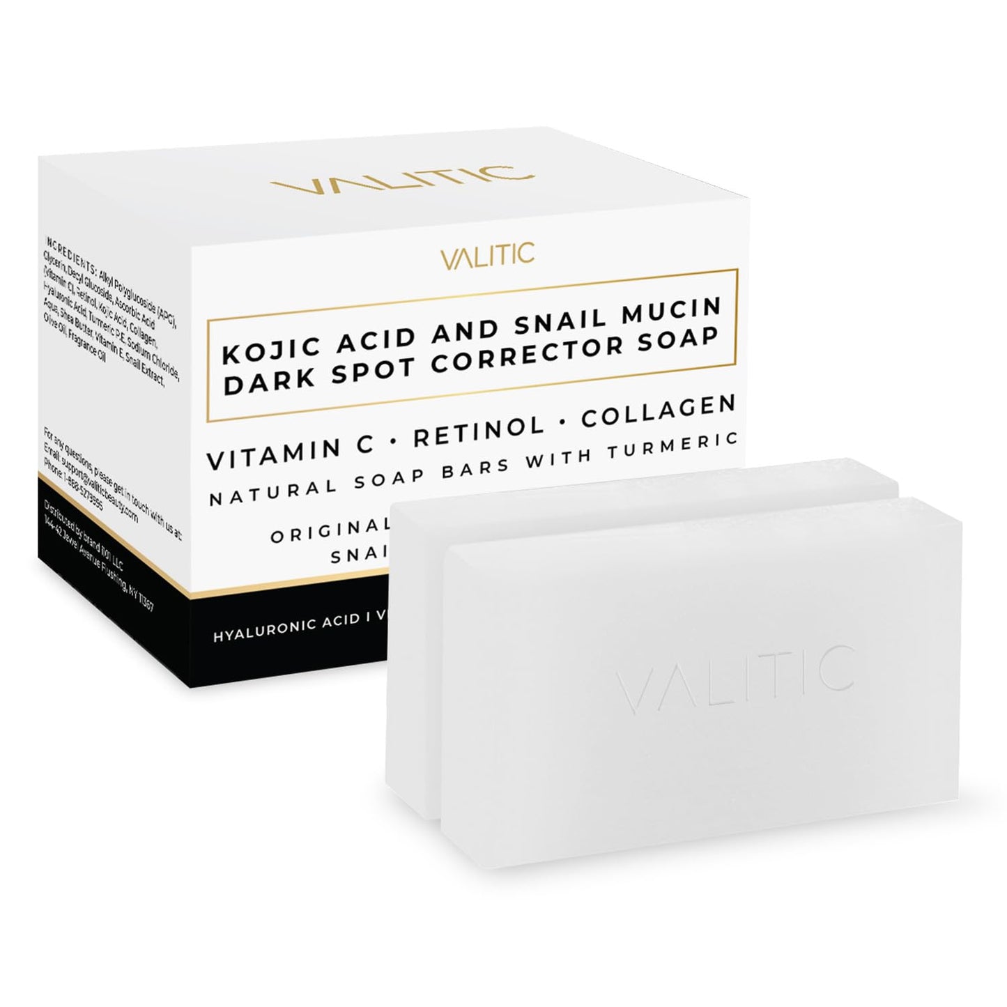 VALITIC Snail Mucin Kojic Acid Bar Soap Dark Spot Corrector – with Snail Secretion for Intense Hydration and Moisturization – 2 Pack