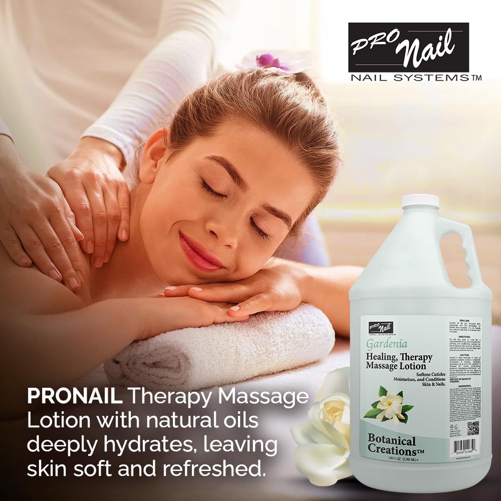 PRO NAIL - Healing Therapy Massage Lotion - Professional Pedicure, Body and Hot Oil Manicure, Infused with Natural Oils, Vitamins, Panthenol and Amino Acids (Gardenia, 1 Gallon)