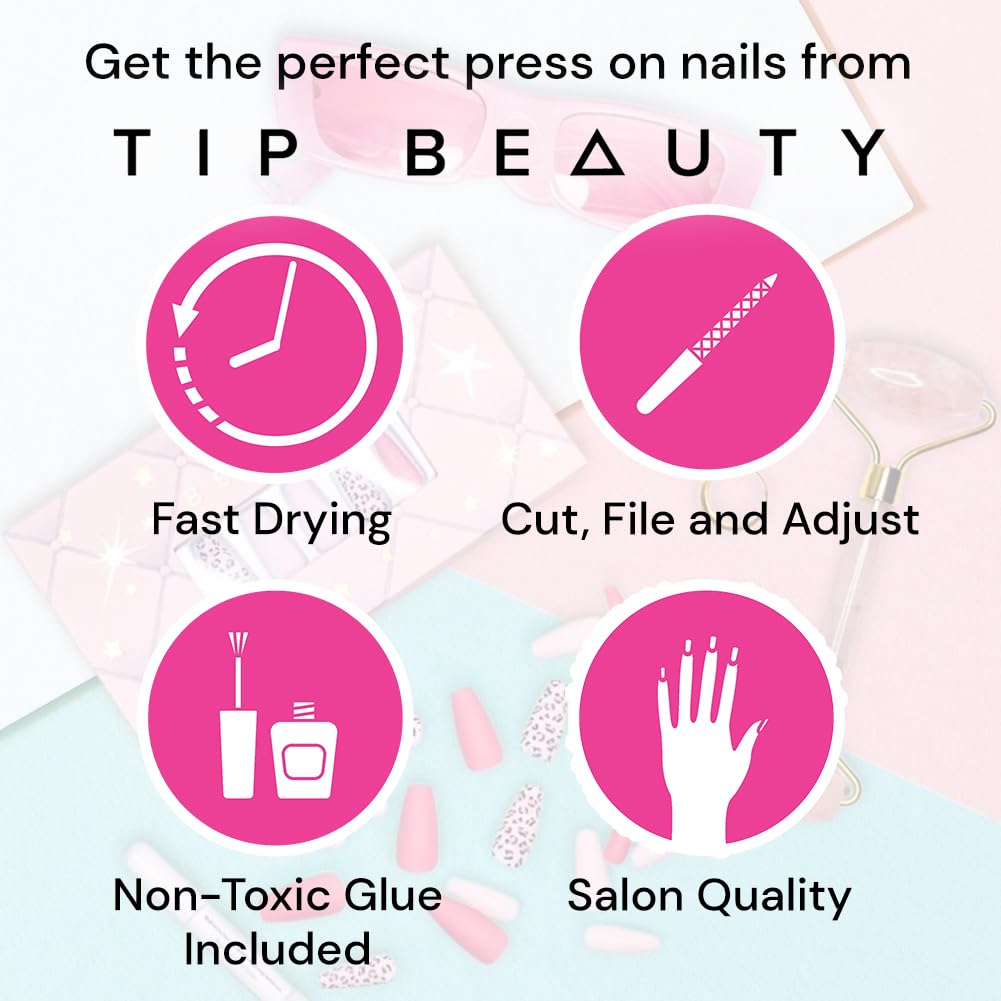 Tip Beauty Coffin Collections | 28 Faux Nails & Specialized Nail Glue | Quick Drying Professional Salon Quality Glue On Fake Nail Kit | Faux Nails for Women, False Nails for Kids (Hide N Sleek)