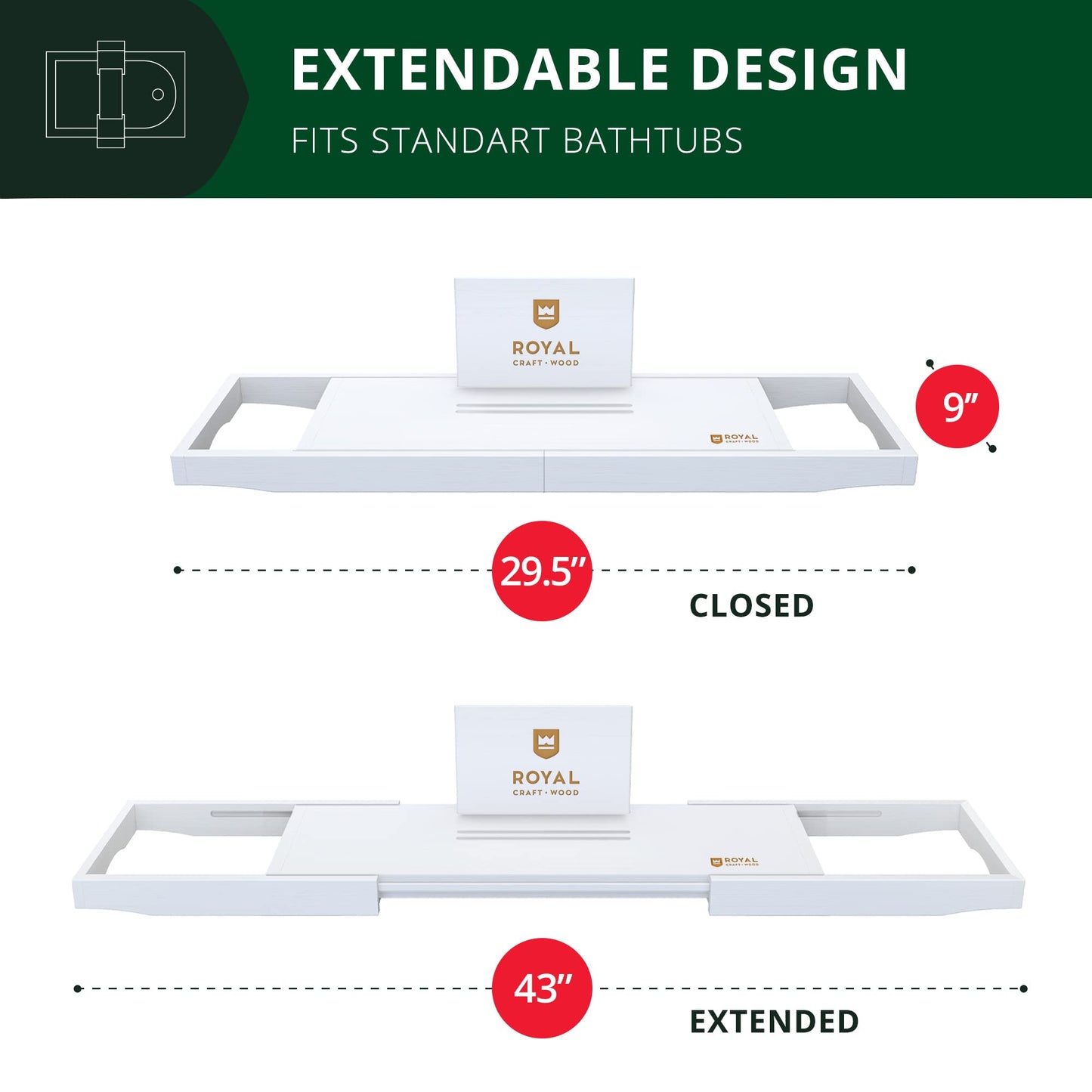 ROYAL CRAFT WOOD Bathroom Trays and Organizers - Adjustable Bamboo Bath Tub Table for 1 or 2 Person, Bathtub Caddy Tray with Extending Sides Bathtub Accessories (White)