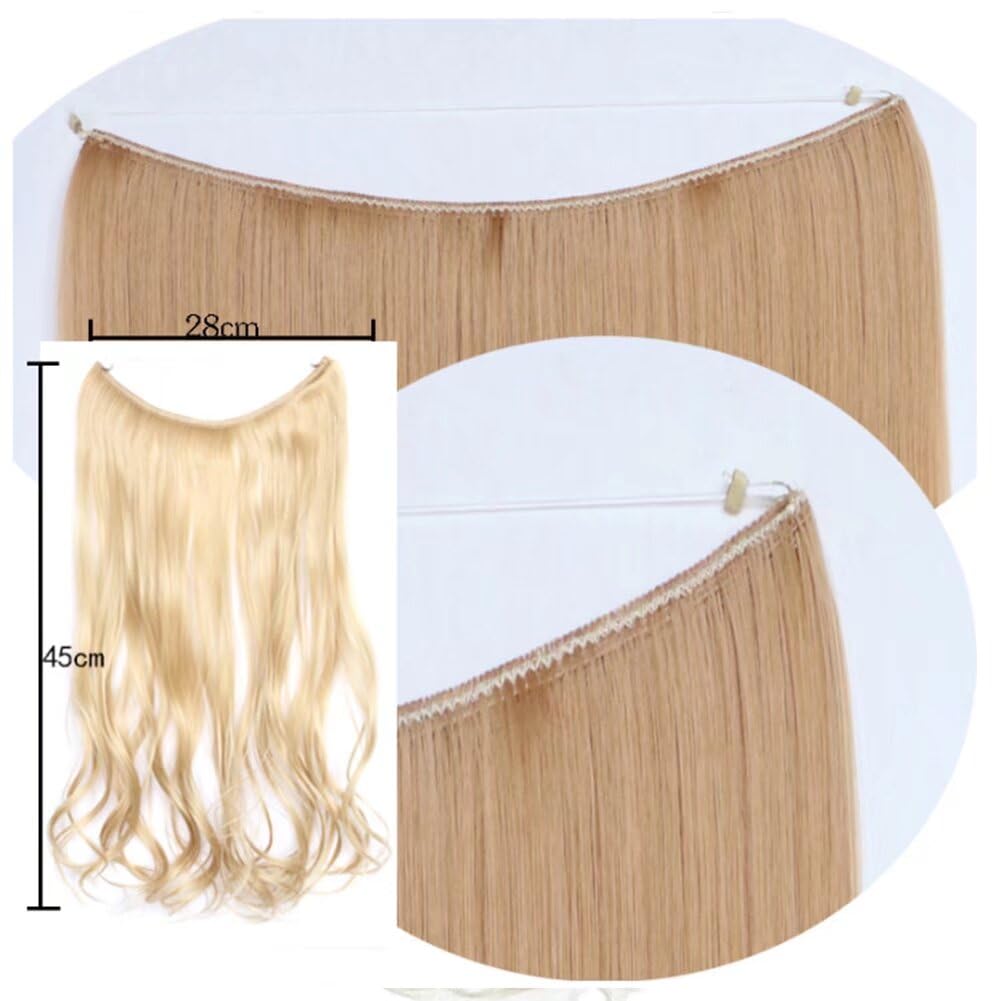 iLUU Hair Extensions Natural Synthetic Hair 18inch 80g Long Thick Wavy Hairpieces #12/24 Light Golden Brown and Golden Blonde Piano Color Invisible Fish Line Wire Curly Hair Extensions for Women