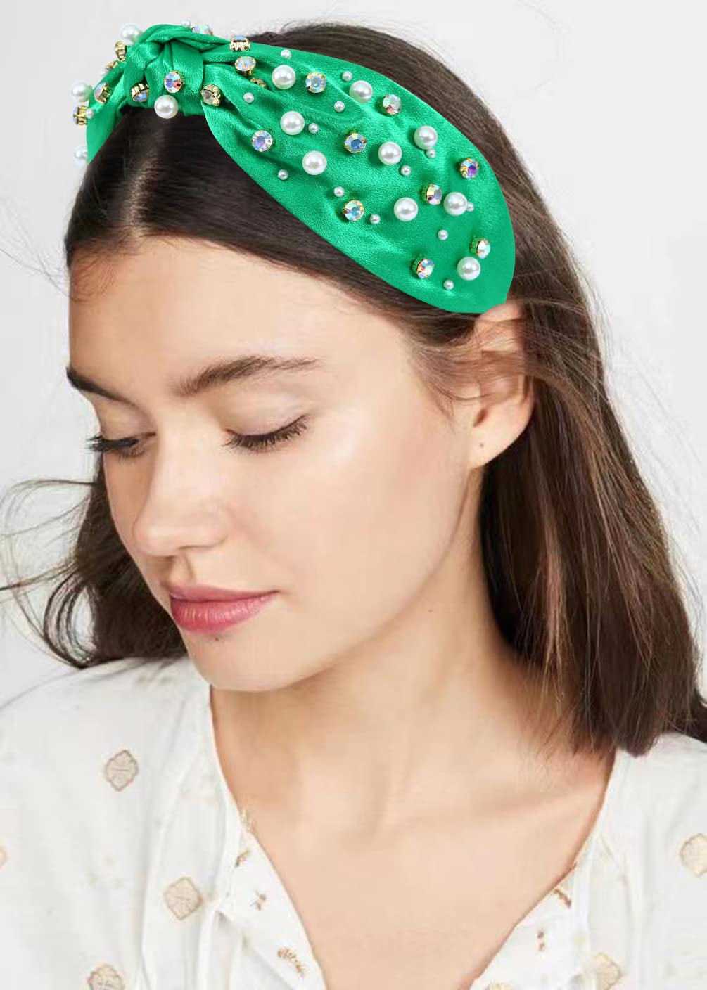 FEDANS Bejeweled Headbands for Women Pearl Rhinestone Knotted Satin Headband Crystal Embellished Green Hairband Ladies Fashion Hair Accessories