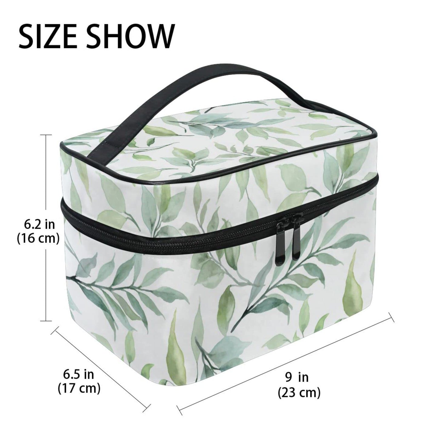 ZOEO Makeup Train Case Green Leaf Plant Summer Korean Carrying Portable Zip Travel Cosmetic Brush Bag Organizer Large for Girls Women