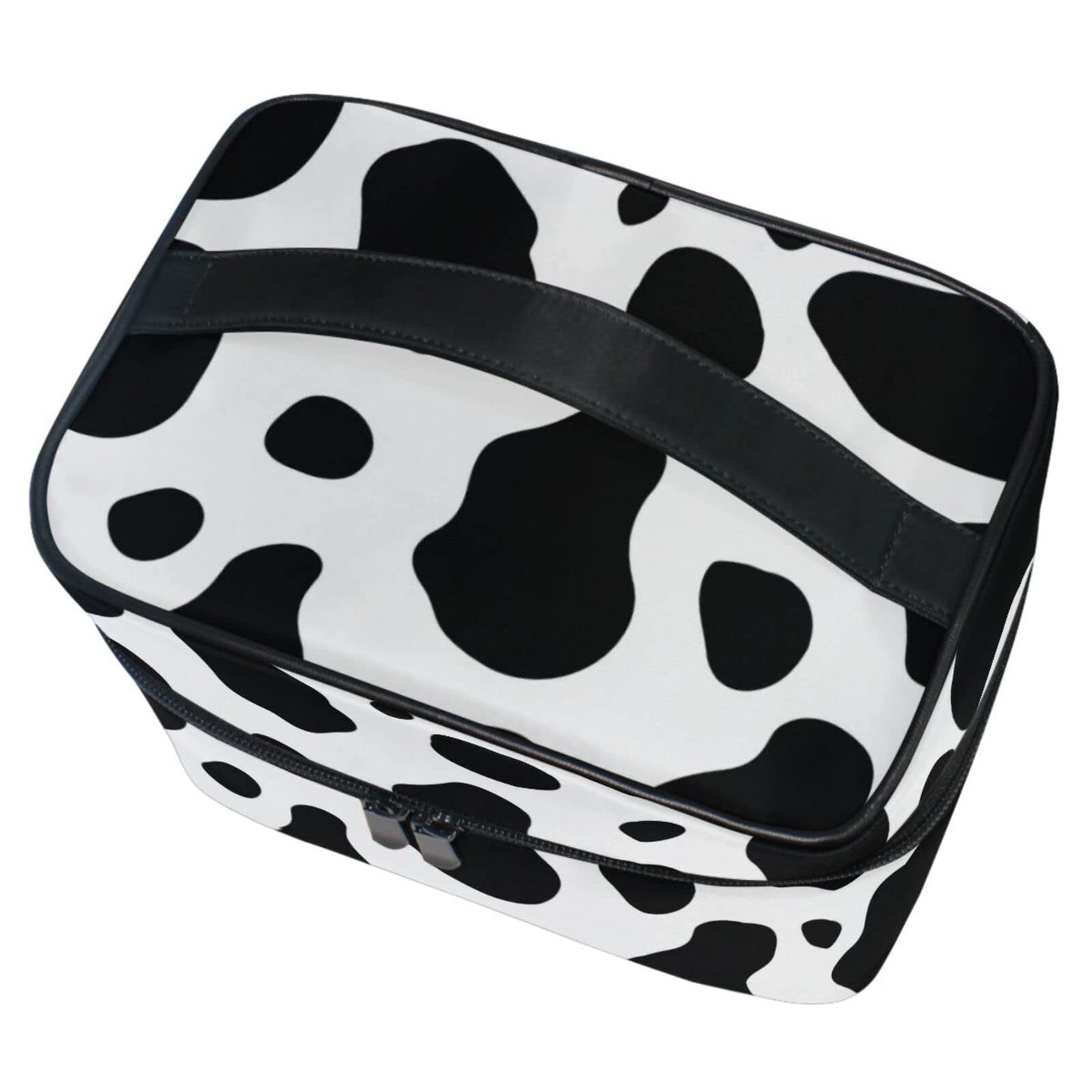 ZOEO Makeup Train Case Cow Black White Buffalo Korean Carrying Portable Zip Travel Cosmetic Brush Bag Organizer Large for Girls Women