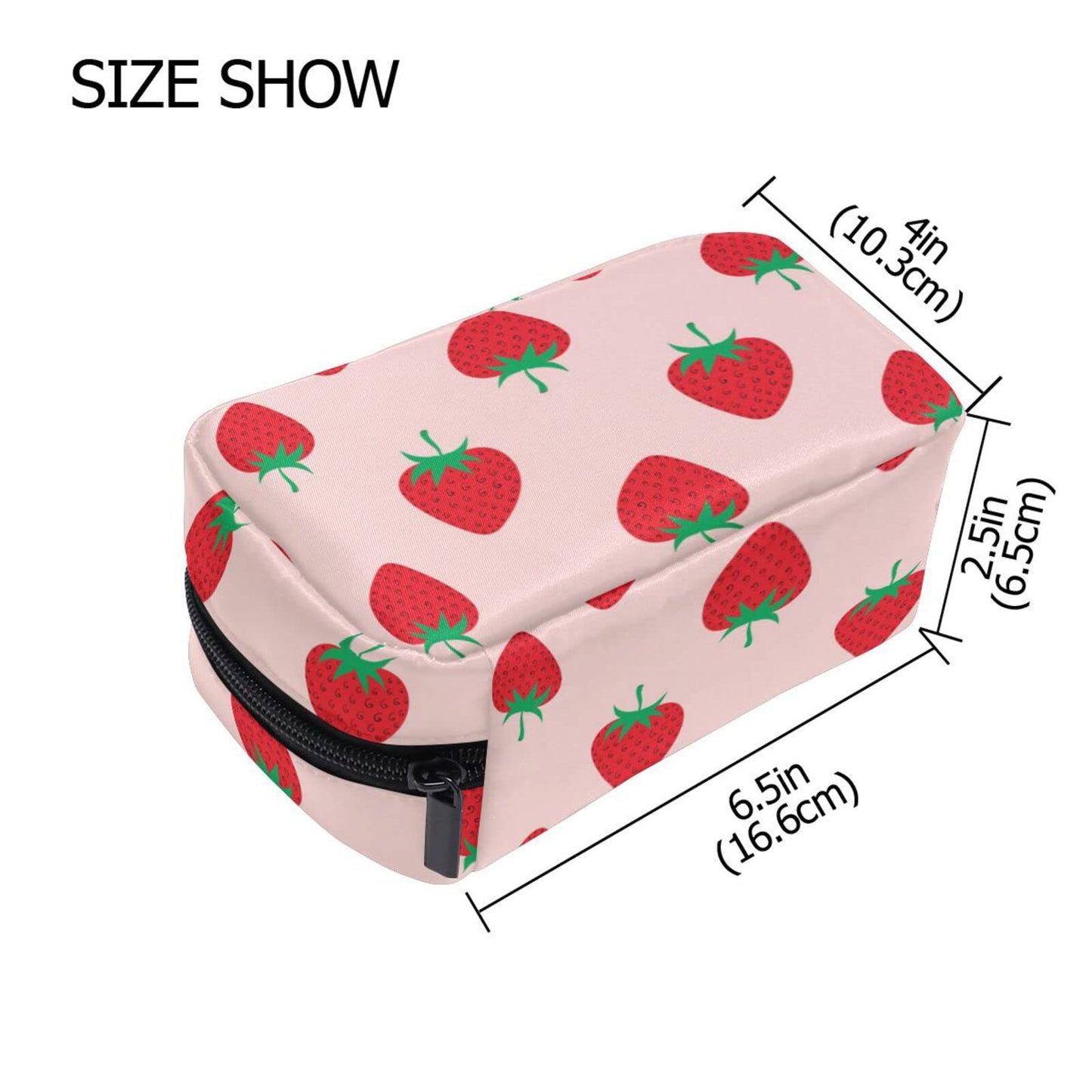 JHKKU Makeup Bag Strawberry Print Square Cosmetic Bag Portable Travel Toiletry Bag Black Zipper Storage Bag for Women