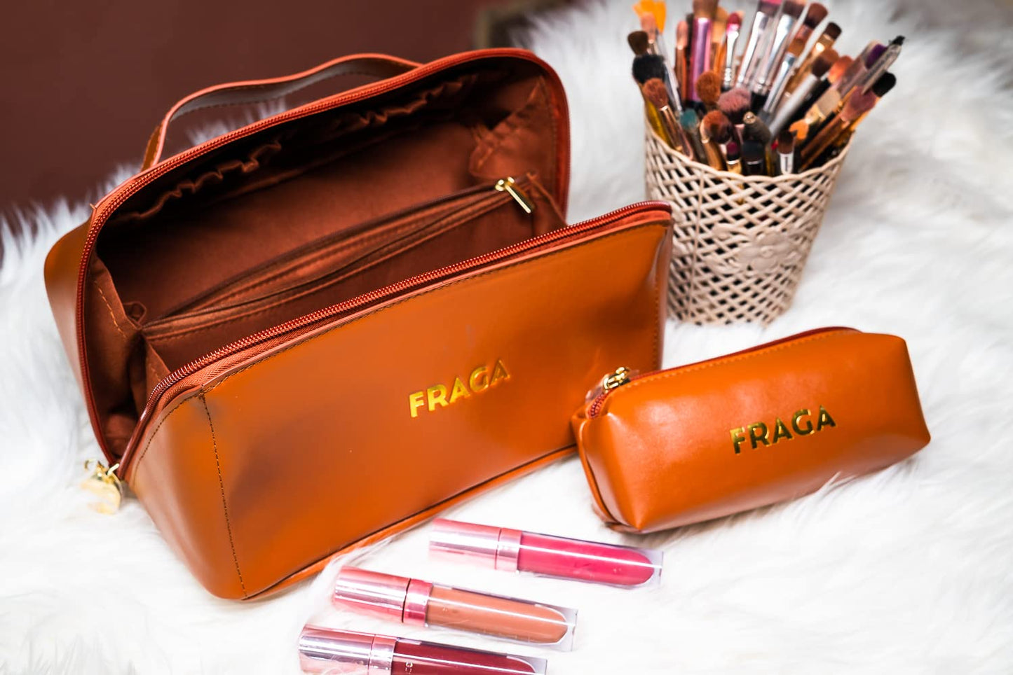 FRAGA 2 in 1 New Model Makeup Bag, Waterproof Cosmetic Bag, with Large Capacity, Skin Care Organizer for Travel, Easy to Clean (Brown)